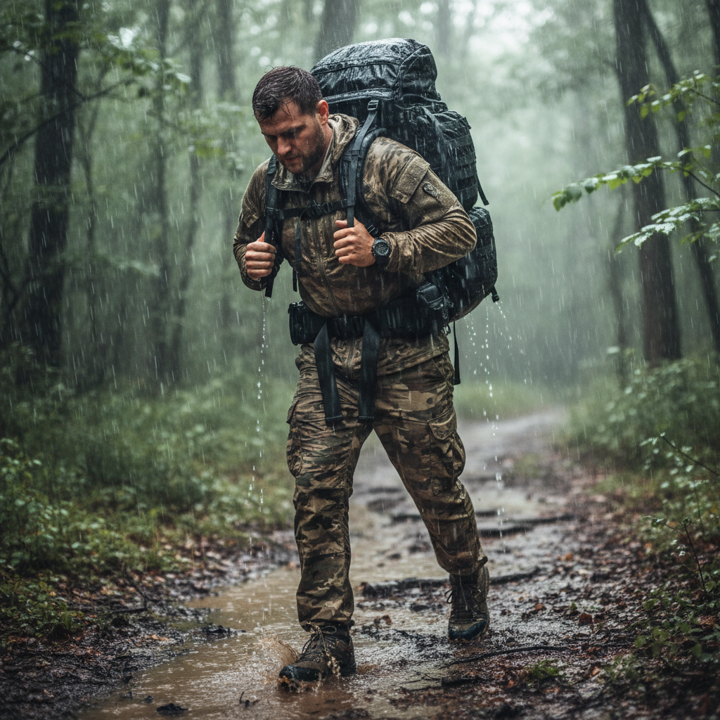 man rucking in the rain