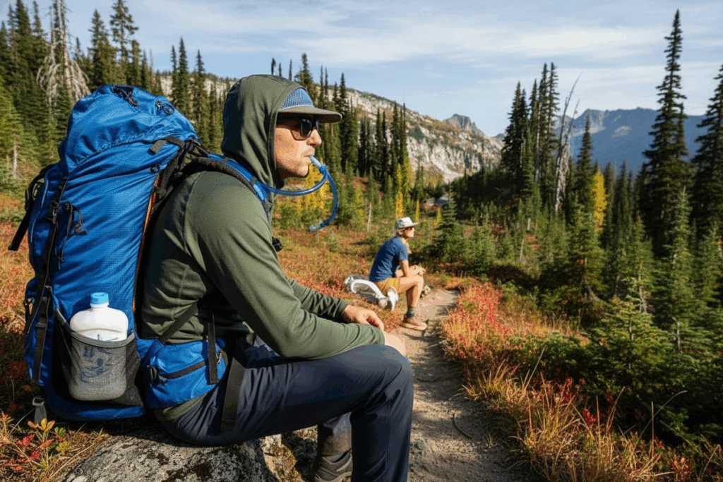 hikers with hydration bladder and hose