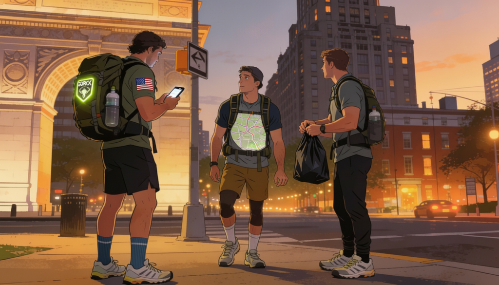 3 men navigating city in goruck city ruck