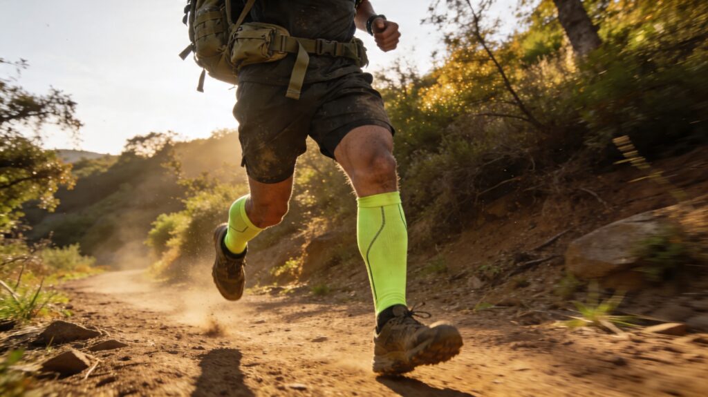 rucker wearing compression socks on trail